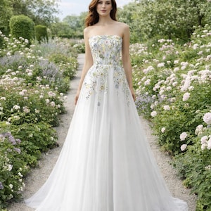 White Wedding Dress 3D Floral Applique, Custom Made Embroidery Bridal Gown, Outdoor Wedding Wear