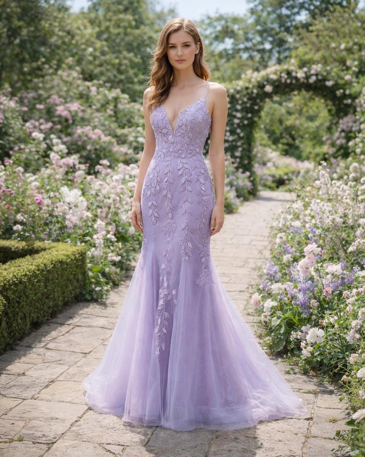 purple floral applique dress Sleeveless Floral Appliqu Gown with Illusion Bodice 43706