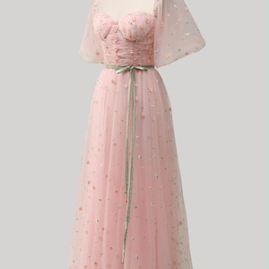 Custom flower tulle long prom dress, short sleeve party dress