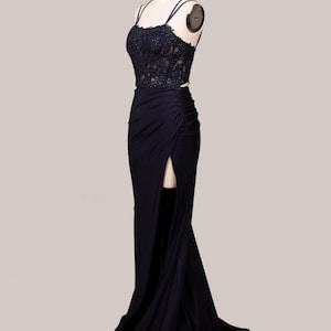 Custom vintage lace embroidery long prom dress, navy slit crystal evening gown