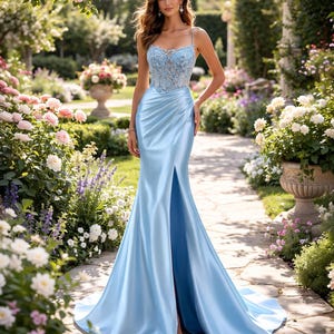 Robe de bal bleue personnalisée 2026 dentelle Regencycore, Robe de soirée en satin sur mesure, Robe sirène corset bleu glacier, Tenue de gala à fente haute, Sur mesure