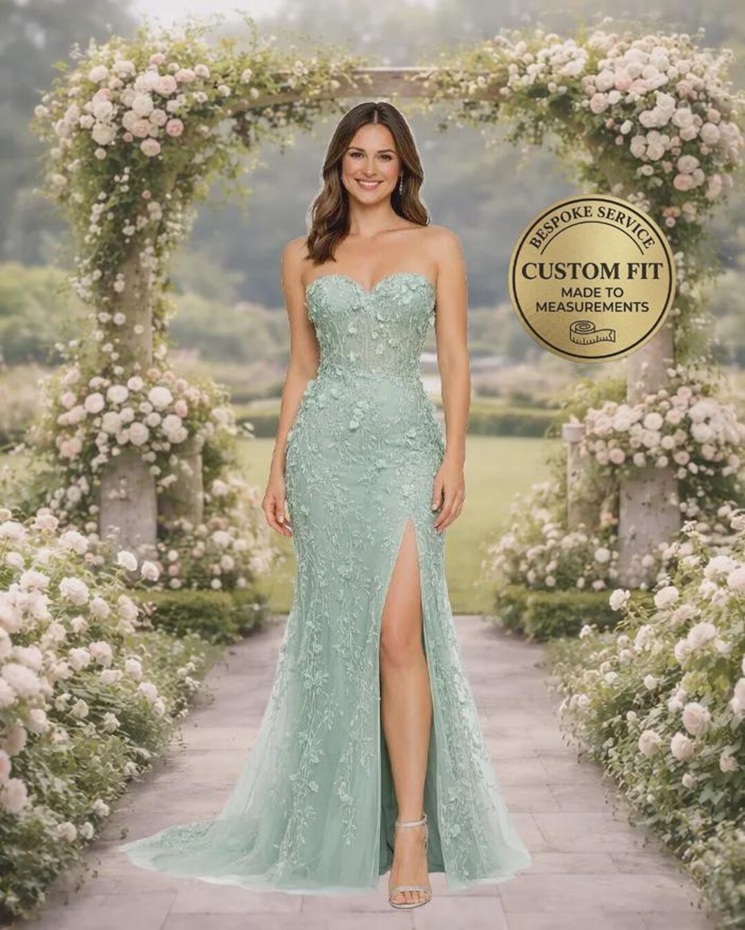 green floral embroidered prom dress Long A-Line Prom Dress with Floral Embroidery-PromGirl Sage / 16