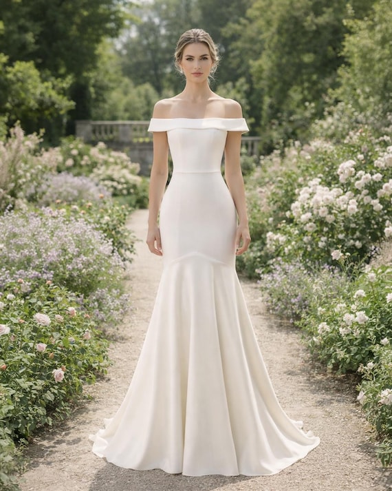 White Wedding Dress Sleek Minimalism, Custom Made Satin Bridal Gown, Outdoor Wedding Wear White Wedding Dress Sleek Minimalism, Custom Made Satin Bridal Gown, Outdoor Wedding Wear