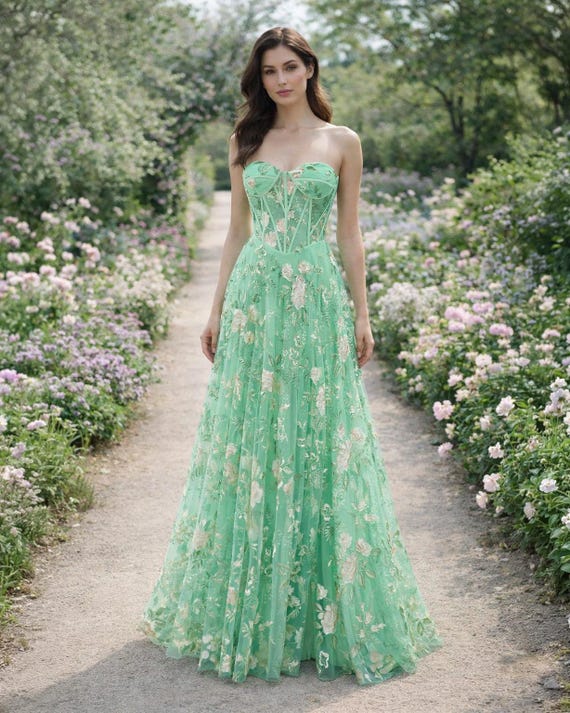 green floral applique dress Prom 3D Applique, Custom Made Embroidery Evening Gown, Formal Gala Wear and truly celebration
