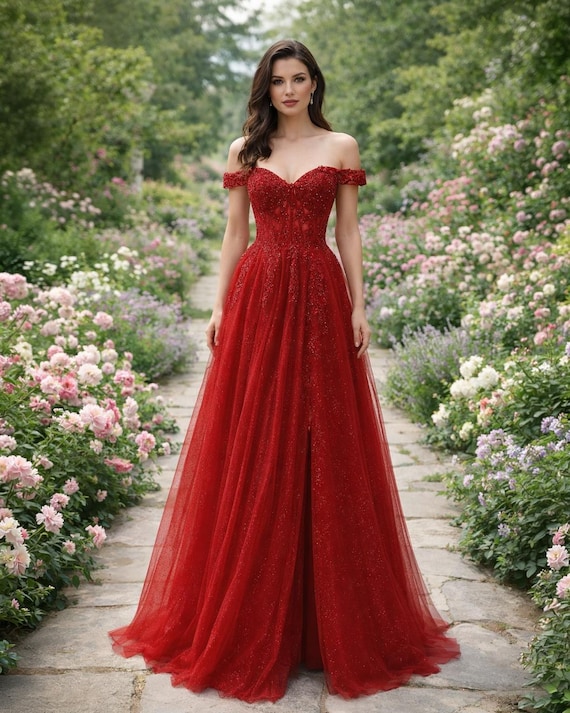 Red Prom Dress 2026 Glitter Maximalism, Custom Made Embroidery Evening Gown, Formal Gala Wear Red Prom Dress 2026 Glitter Maximalism, Custom Made Embroidery Evening Gown, Formal Gala Wear