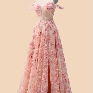 Custom 3D butterfly corset long prom dress,blush slit party dress