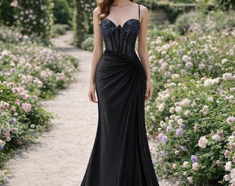 Black Prom Dress 2026 Ethereal Style, Custom Made Beaded Evening Gown, Formal Gala Wear