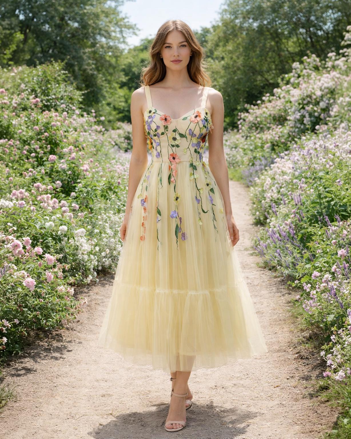 yellow floral embroidered prom dress ZAPAKA Women Yellow Long Prom Dress A-Line Halter Pleated Tulle Tiered Party Dress With Embroidery, Yellow / US14 main image 1