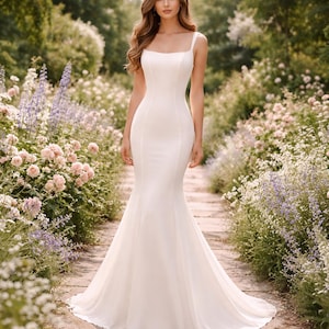 White Wedding Dress Sleek Minimalism, Custom Made Satin Bridal Gown, Outdoor Wedding Wear