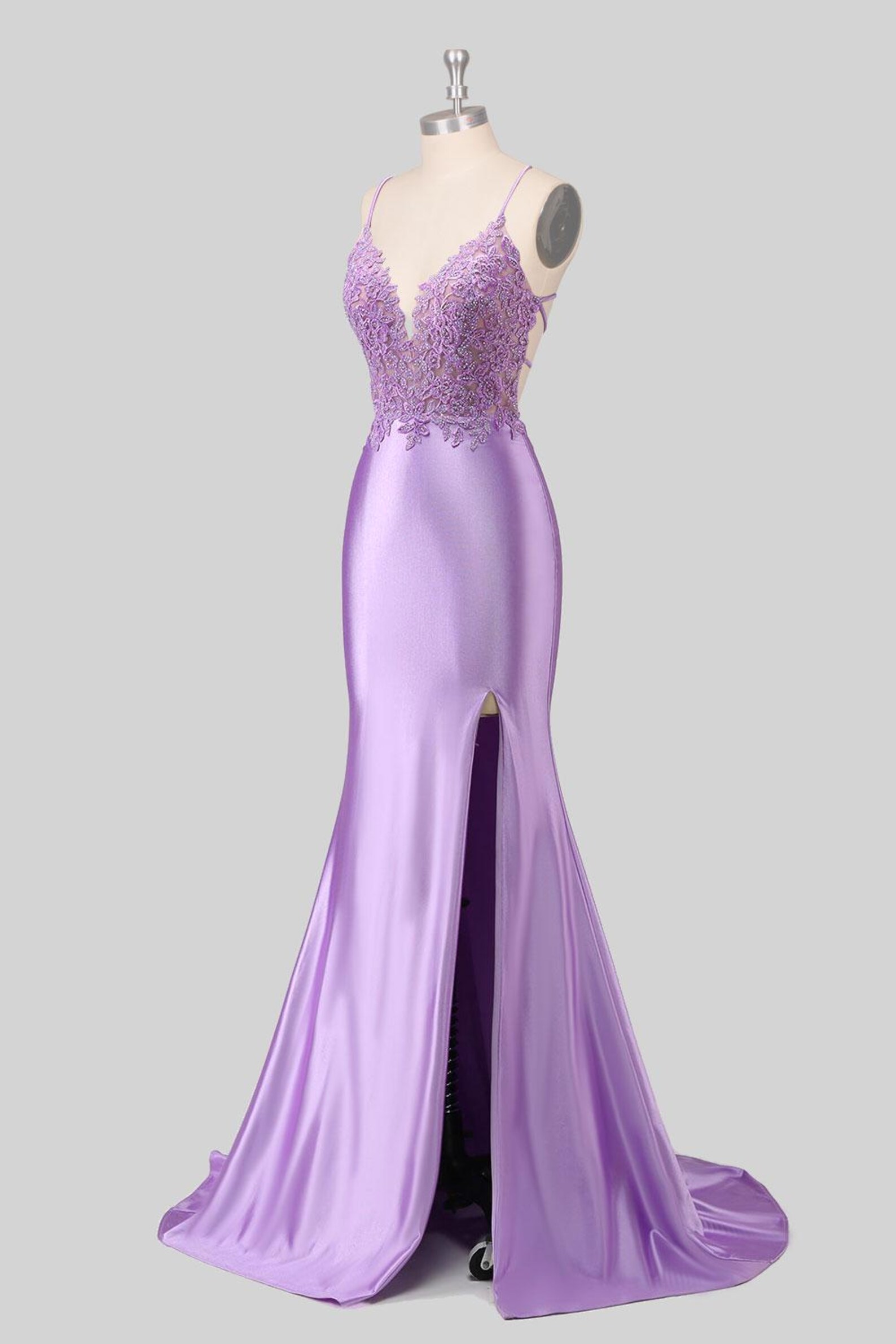 Elegant Long Purple Satin Beading Pleated Long Sleeves Prom Dress With Slit