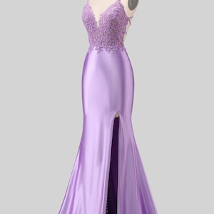 Custom purple beaded prom dress, handmade slit satin party dress