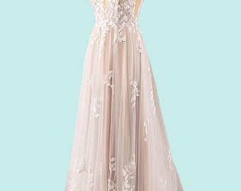 Hand embroidery wedding dress, satin bridal dress, custom lace wedding gown