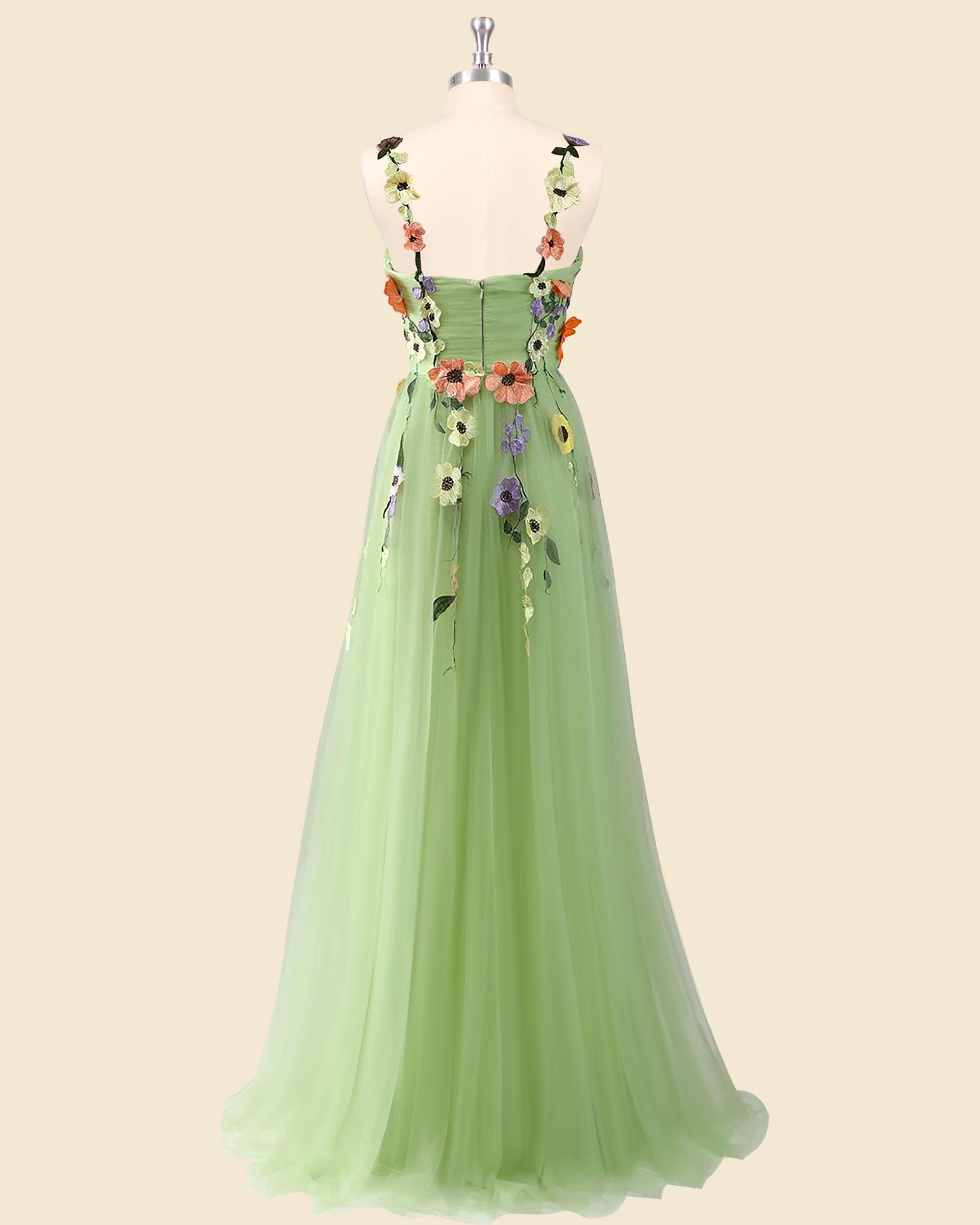 Green Prom Dress 3D Floral Applique, Custom Made Embroidery Evening Gown,  Formal Gala Wear - Etsy