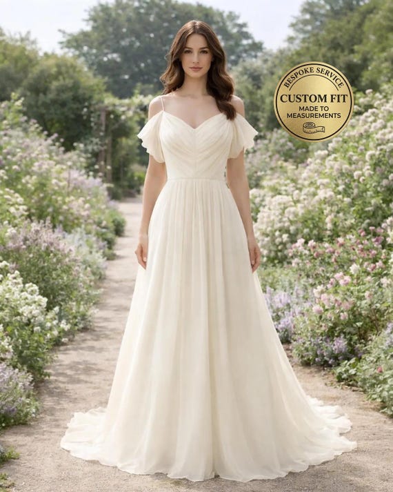 Ivory Wedding Dress Regencycore Lace, Custom Made Chiffon Bridal Gown, Outdoor Wedding Wear