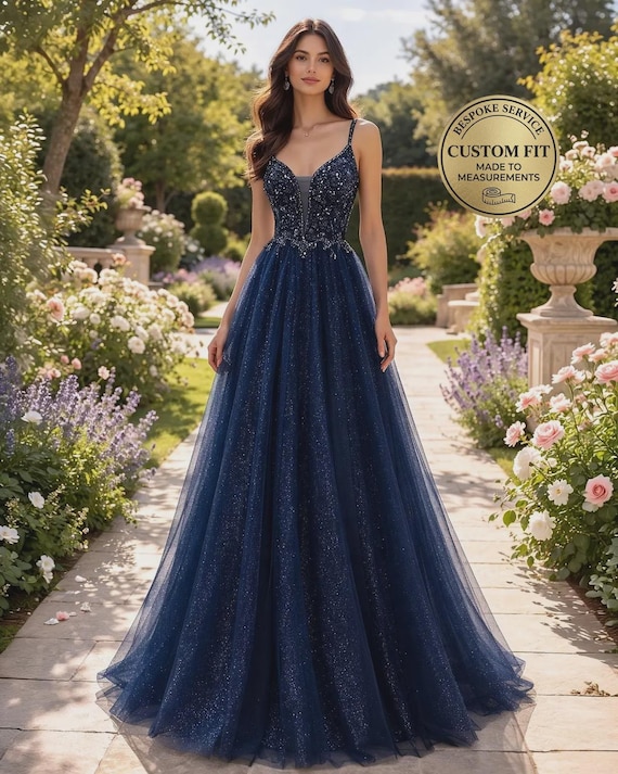 red glitter bridesmaid dresses A Line Ink Blue Glitter Tulle Lace Prom Dress main image 0