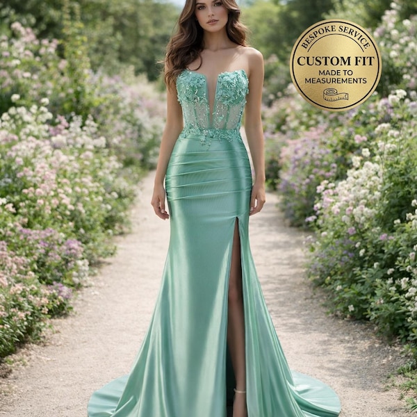 Green Prom Dress 2026 Ethereal Style, Custom Made Satin Evening Gown, Formal Gala Wear