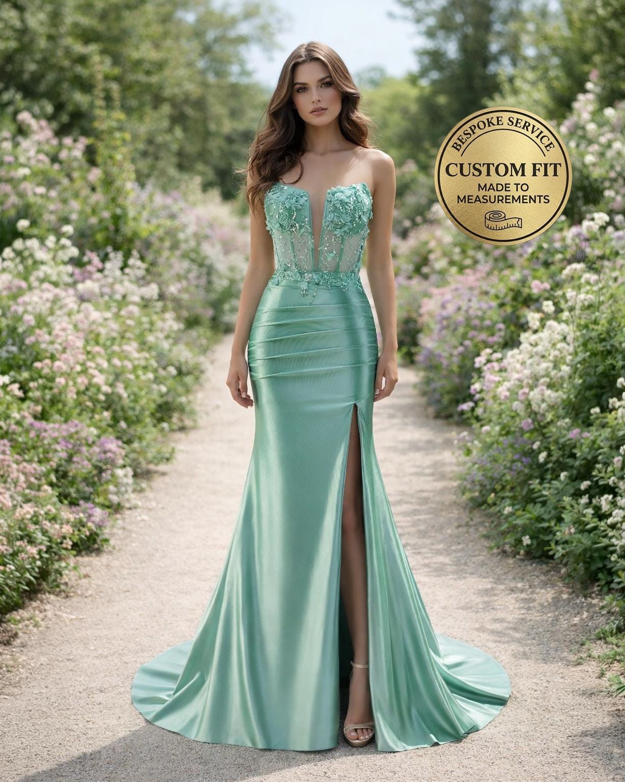 high end party dresses with custom fits Green Prom Dress 2026 Ethereal Style, Custom Made Satin Evening Gown, Formal Gala Wear