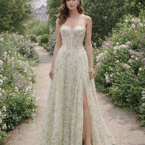 Vestido de fiesta con corsé floral personalizado, vestido de fiesta con abertura en el jardín, vestido de encaje bordado, atuendo para invitadas de boda