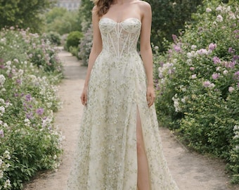 Kundenspezifische Blumenkorsett-Abschlussball-Kleid-Schlitz-Garten-Party-Kleid gestickte Spitze-Hochzeitsgast-Kleidung