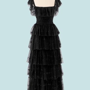 Custom black lace prom dress,  tiered corset evening gown