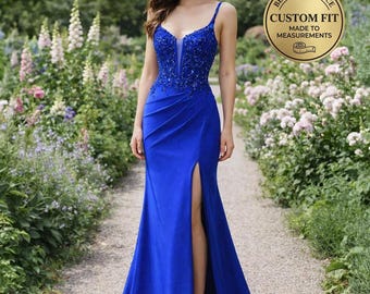 Blue Prom Dress 2026 Glitter Maximalism, Custom Made Satin Evening Gown, Formal Gala Wear