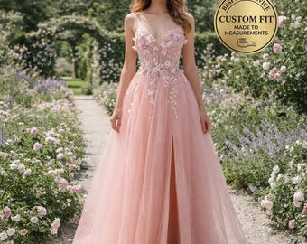 Vestido de fiesta ruborizado con apliques florales 3D, vestido de noche bordado a medida, vestido de gala formal
