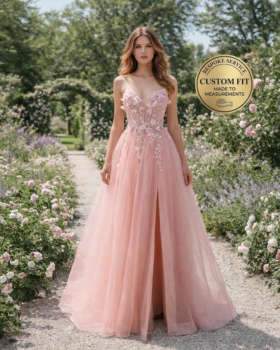 Blush Prom Dress 3D Floral Applique, Custom Made Embroidery Evening Gown, Formal Gala Wear