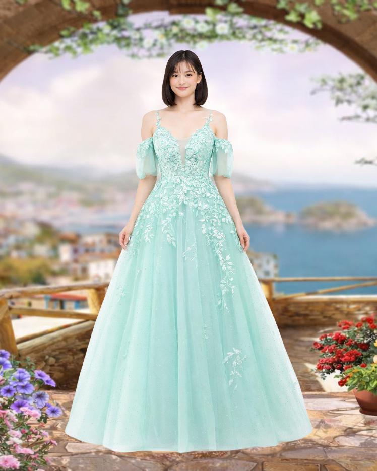 cyan blue prom dress Bespoke Dress, 3D Floral Appliqué Aqua Evening Gown, Off-the-shoulder Tulle Ballgown, Custom Made Formal Gala Wear, Light An ideal choice for pdp_merge_tall-julia-dressy-skinny-pants-eggplant Modest / Simple Navy Size:LG