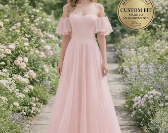 Bespoke Blush Chiffon Wedding Dress, Off-the-shoulder Ruffled Sleeve Bridal Gown,Custom Fit Pink Wedding Dress, Ethereal Garden Wedding Wear