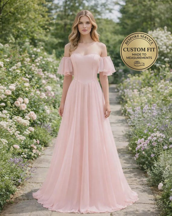 Bespoke Blush Chiffon Wedding Dress, Off-the-shoulder Ruffled Sleeve Bridal Gown,Custom Fit Pink Wedding Dress, Ethereal Garden Wedding Wear