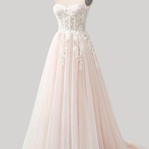 Floral embroidery wedding gown, tulle simple bridal dress, mermaid train wedding dress