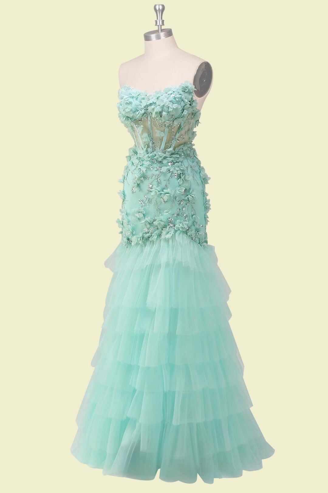Corset Short Sleeves 3D Floral Sequined Long Dress