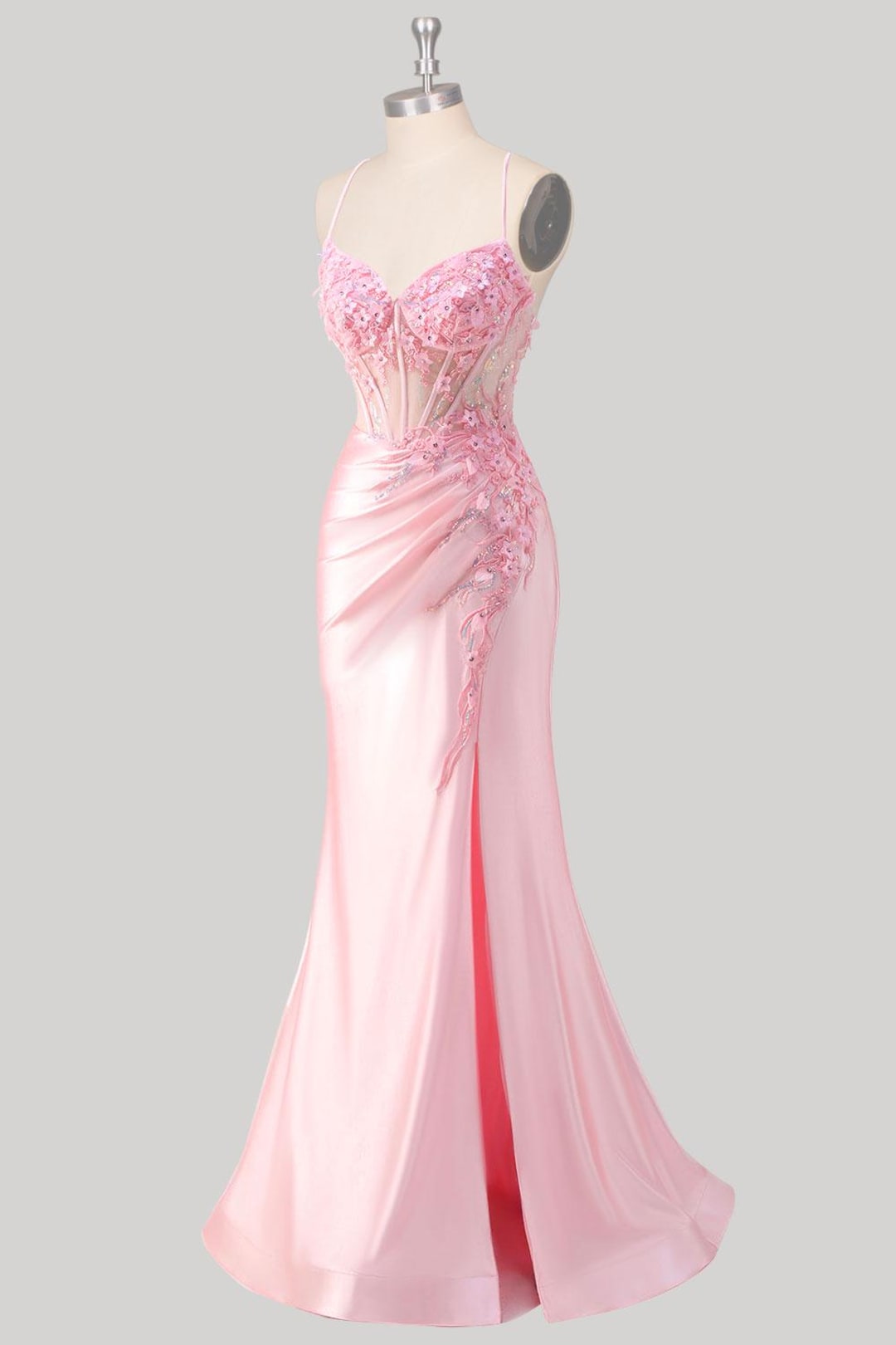 Classy Pink Rose Flowers Party Evening Dress,Slit Long Prom Dress cc2946