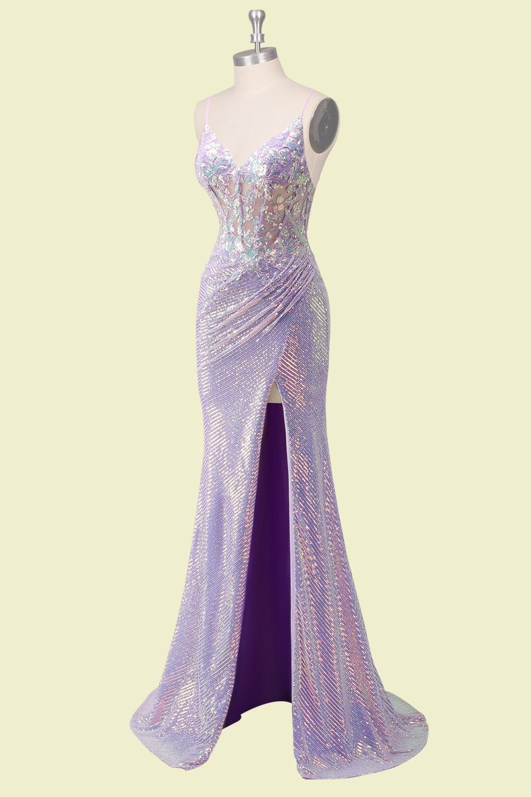 Glitter Lilac Corset Mermaid Spaghetti Straps Long Ball Dress with Slit