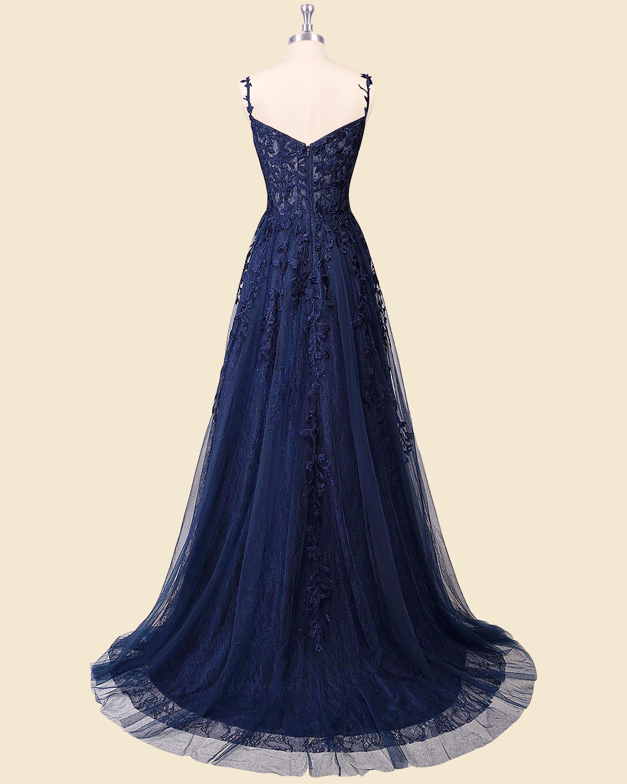navy blue lace prom dress A Line Backless Navy Blue Lace Long Prom Dress with High Slit, Navy Blue  Lace Formal Graduation Evening Dress A1708