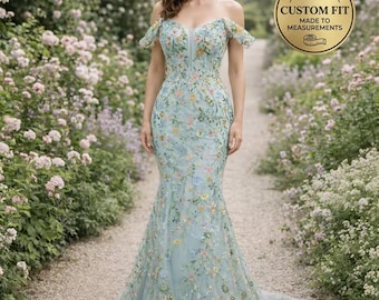 Custom Light Blue 3D Floral Prom Dress Airy Flower Applique Gown, Whimsical Ice Blue Evening Dress, Fairycore Graduation Gown, Bespoke Fit