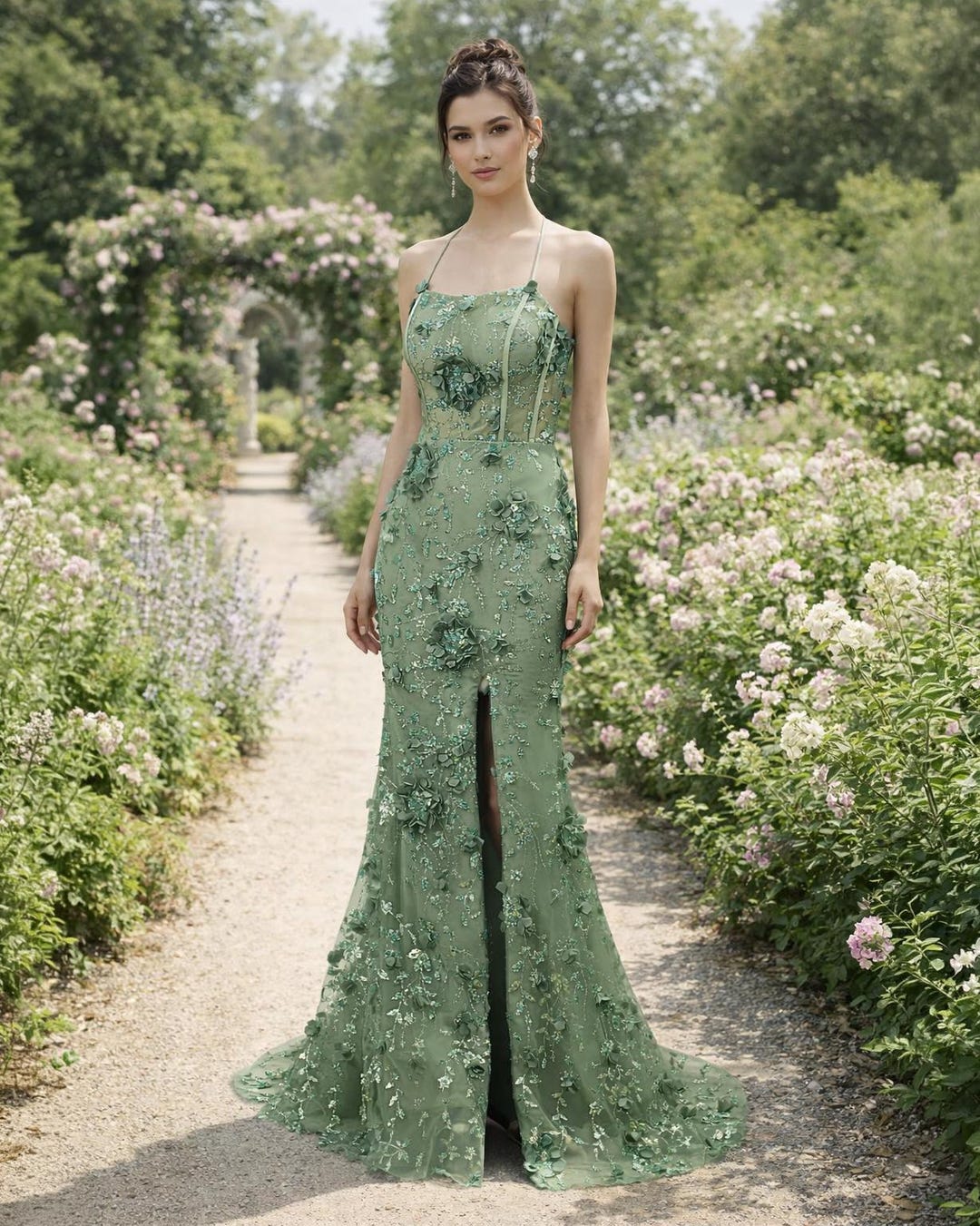 green designer dress for women Prom 3D Floral Applique, Custom Made Satin Evening Gown, Formal Gala Wear nordstrom dresses for weddings