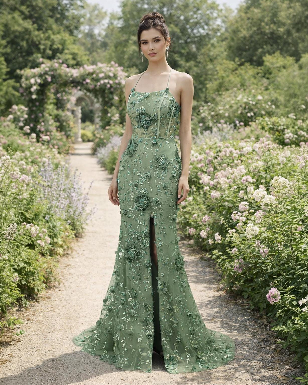 green prom dress flowers 3D Floral Applique, Custom Made Satin Evening Gown, Formal Gala Wear hyd trending gown