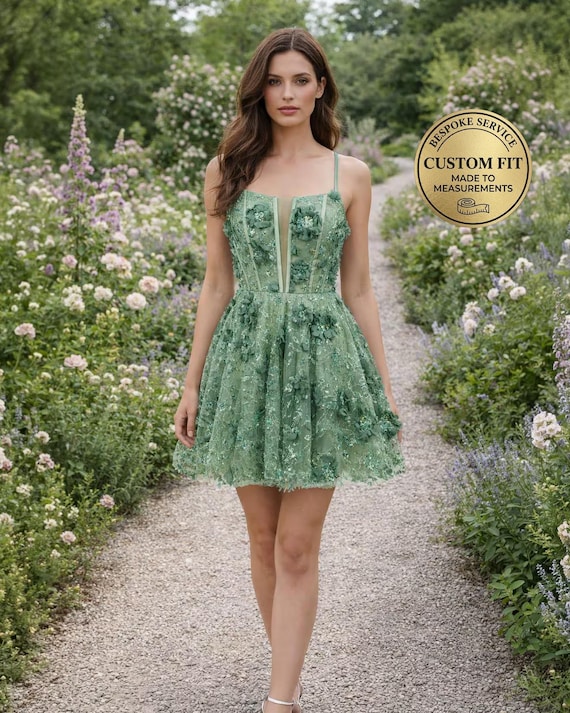 Green Prom Dress 3D Floral Applique, Custom Made Satin Evening Gown, Formal Gala Wear