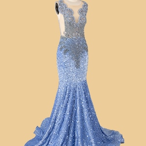 Custom vintage lace beaded and crystal long prom dress, luxury sky blue evening gown, maxi dress