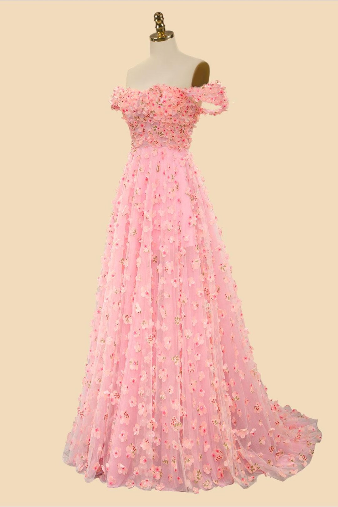Shimmer Minimal 3D Floral Solid Prom Dress
