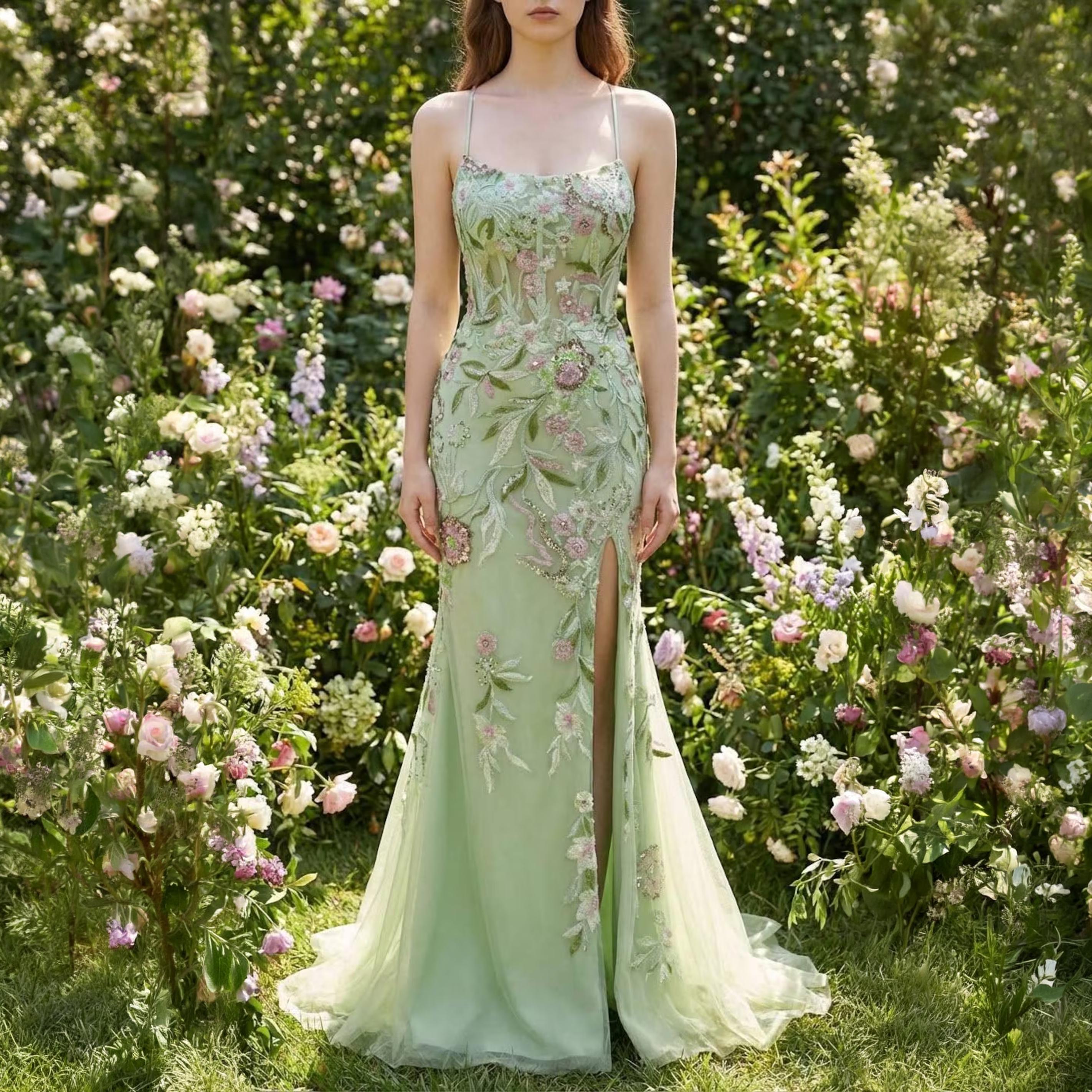 Custom Green Corset Prom Dress Sequin Tulle Gown, Sparkly Forest Fairy Dress,  3D Floral Applique, Unique Graduation Gown 2026 Fairycore Gown - Etsy