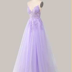 Custom sparkly lilac lace corset long prom dress, spaghetti strapss party dress