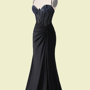 Custom corset black prom dress, long beaded party dress