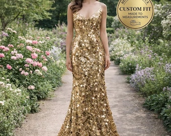Abito da ballo personalizzato con paillettes dorate 2026, massimalismo glitterato, abito da sera a sirena con scollo a V, abito da gala dorato di lusso, abbigliamento formale per feste, vestibilità su misura.