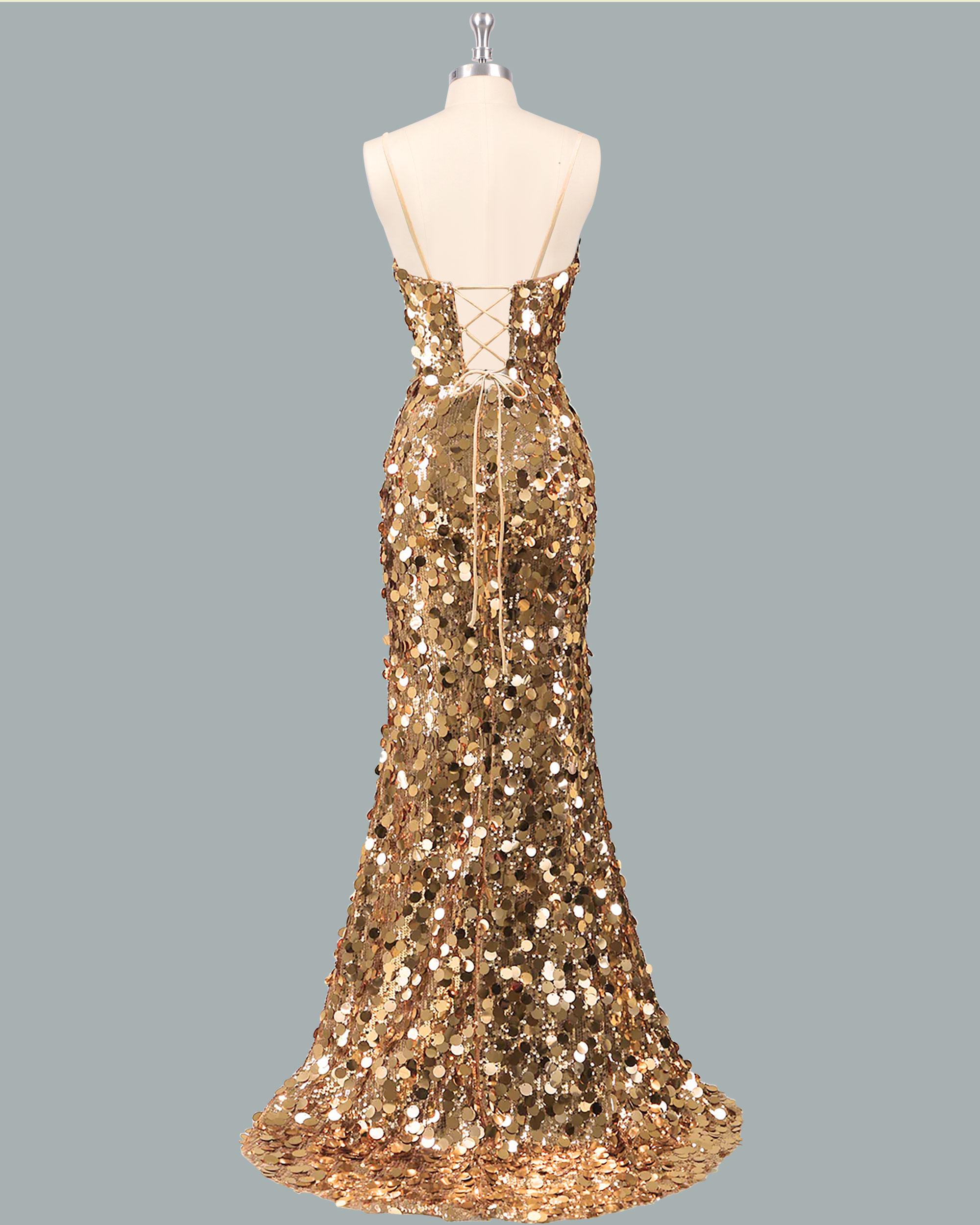 Custom Gold Sequin Prom Dress 2026 Glitter Maximalism, V-neck Mermaid ...
