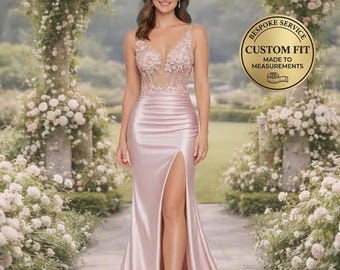 Blush Prom Dress  3D Floral Applique, Custom Made Satin Evening Gown, Formal Gala Wear