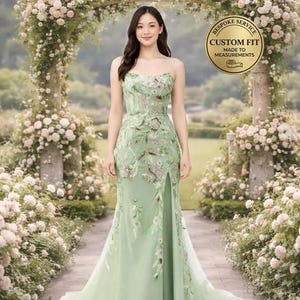 Custom Green Corset Prom Dress Sequin Tulle Gown, Sparkly Forest Fairy Dress, 3D Floral Applique, Unique Graduation Gown 2026 Fairycore Gown