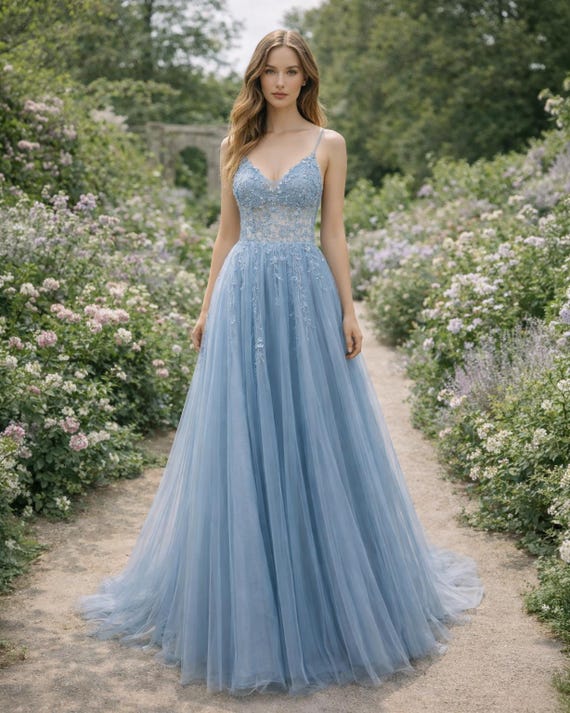 Blue Prom Dress 3D Floral Applique, Custom Made Satin Evening Gown, Formal Gala Wear