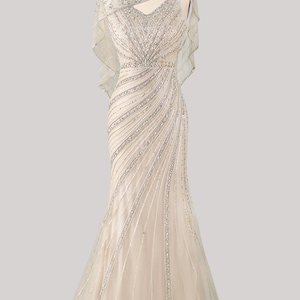 Custom Lace crystal sequin long prom dress,  luxury evening gown, light champagne vintage party dress